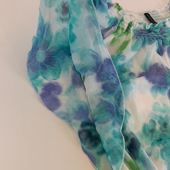 Massini Shirred Floral Blouse Flutter Angel Sleeves Size Large - Picture 10 of 12